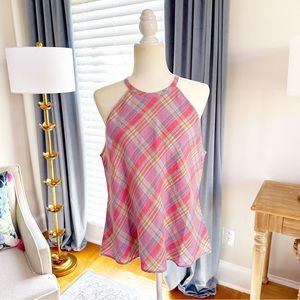 J. CREW Amber Linen Top in Sunset Plaid, Coral, Size L NWT